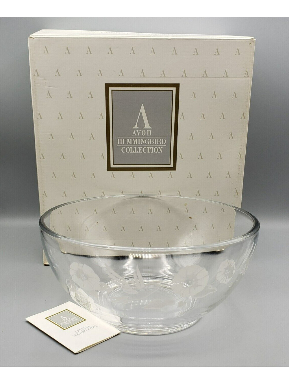 Vintage Avon Hummingbird Serving Bowl Lead Crystal In Box 8" Flowers Etched